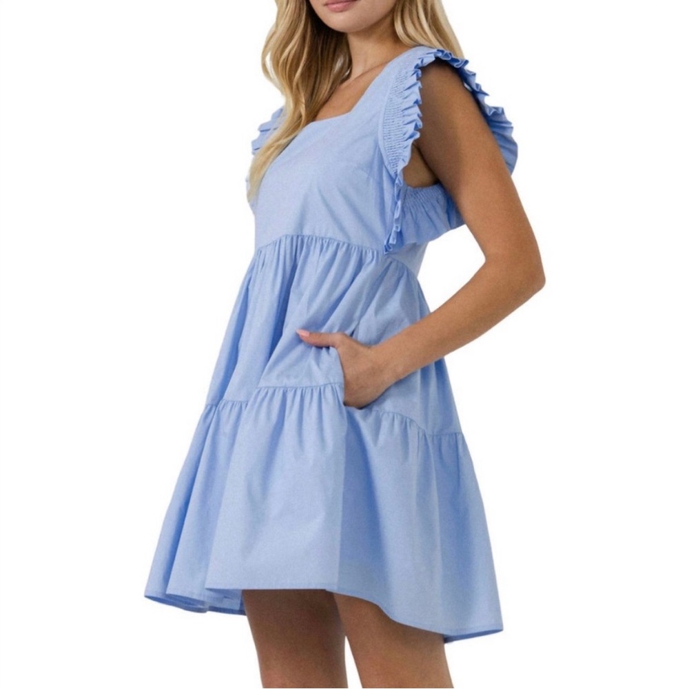English Factory Light Blue Babydoll Mini Dress with Ruffle Sleeve